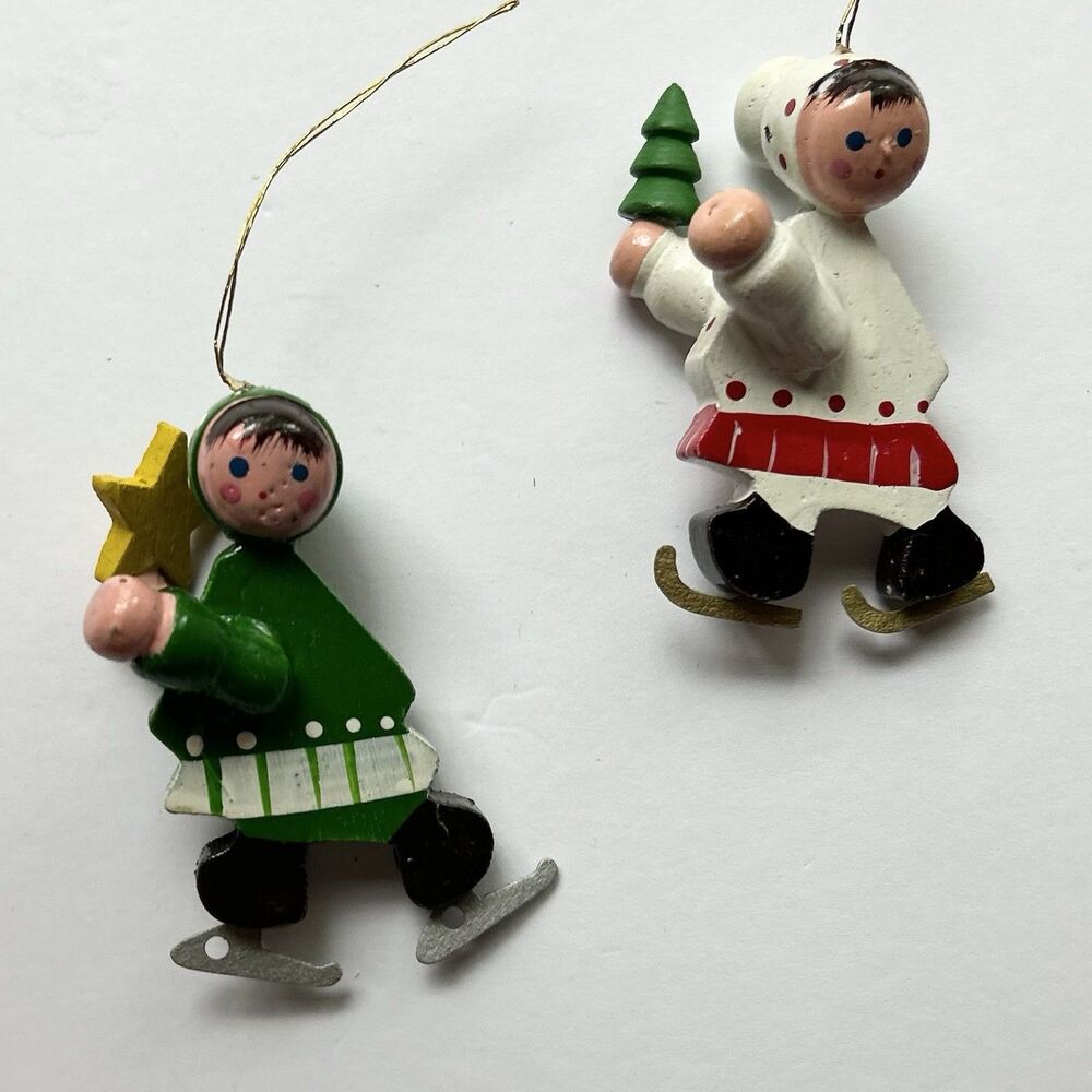 VTG 80s Wooden Christmas Ornament Lot-  2pc, Ice Skaters, Handmade, 2565